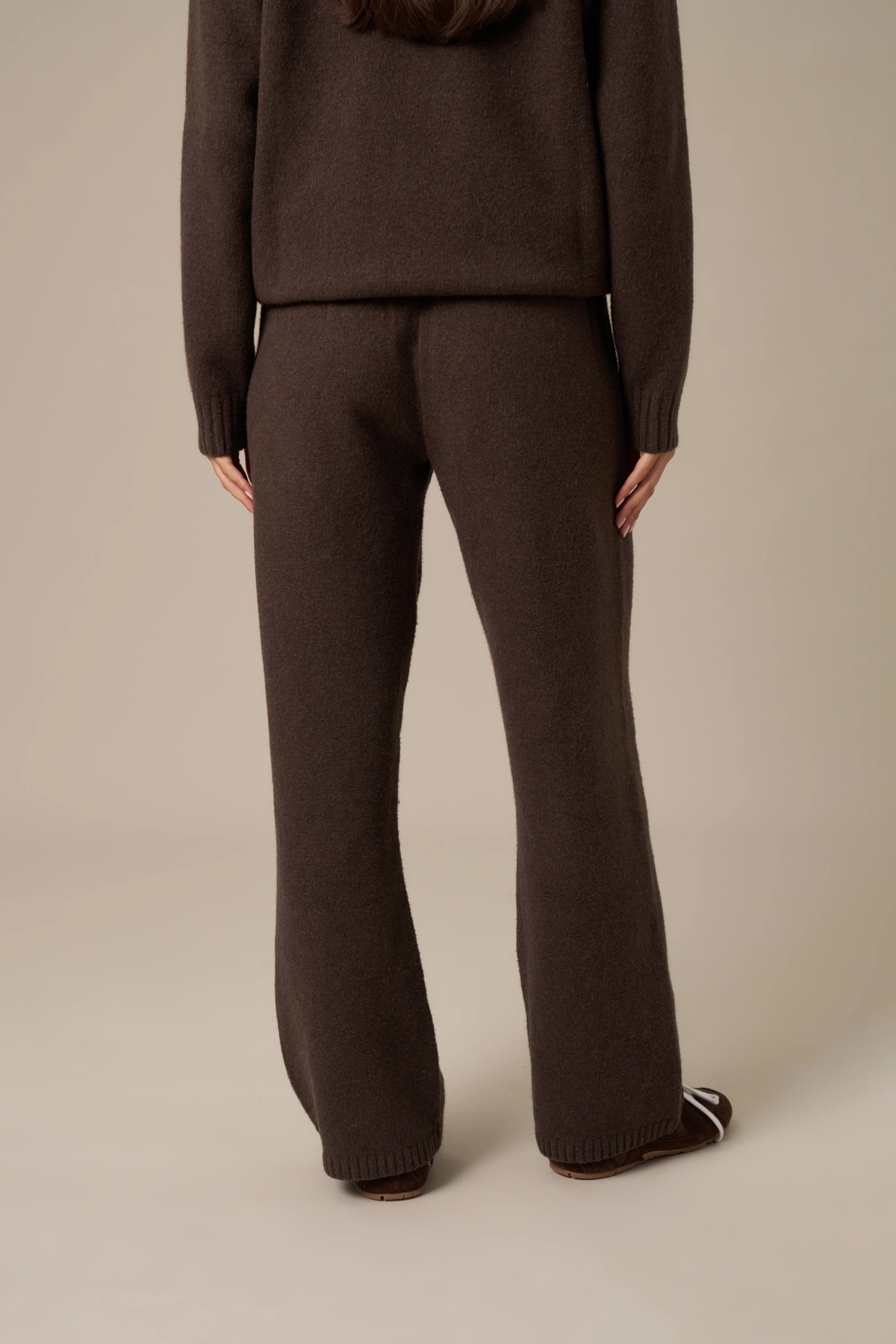 Wide Leg Boucle Branded Knitted Trousers - Espresso | Reasn