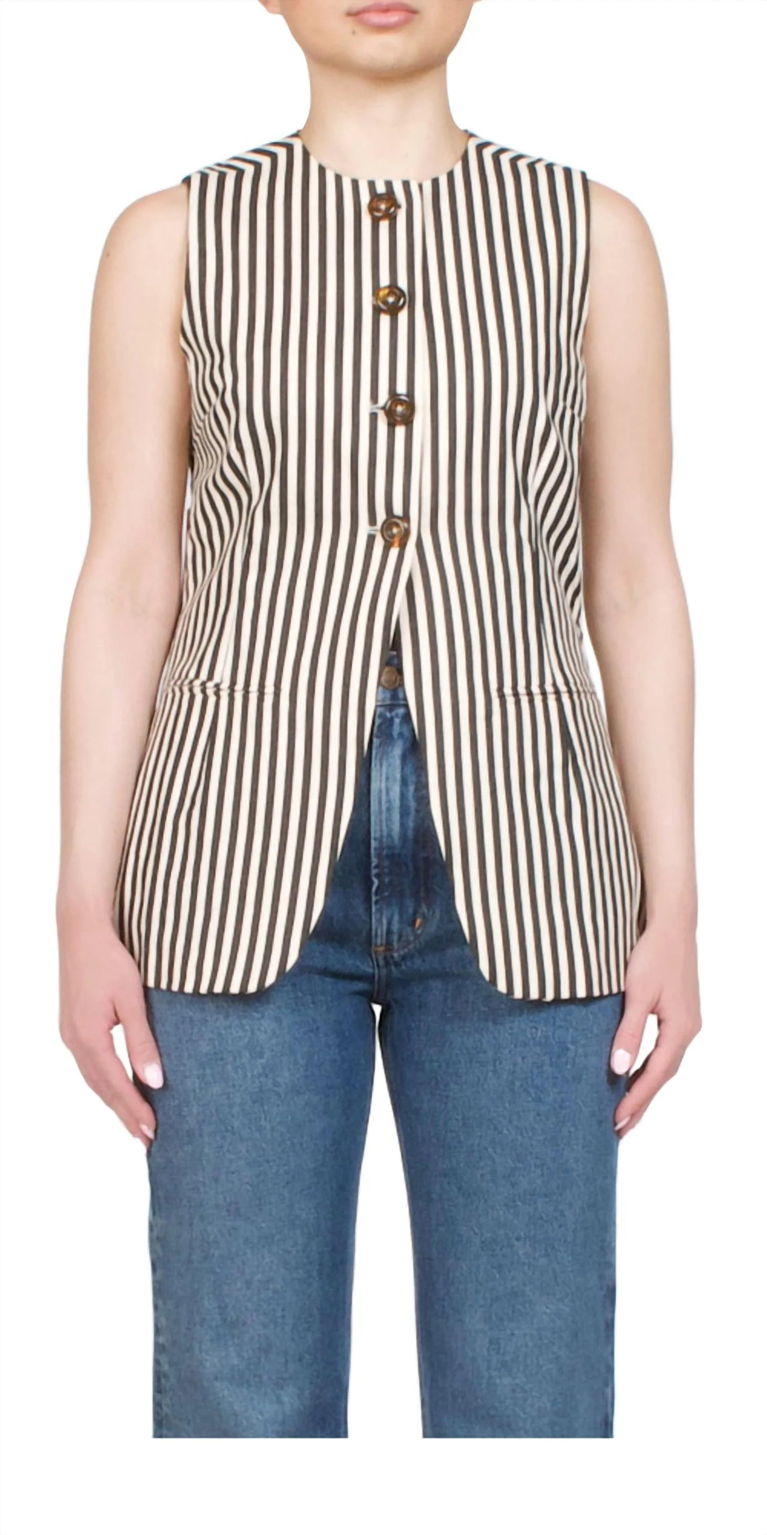 Del Mar Linen Vest In Black/macadamia Micro Stripe | Shop Simon