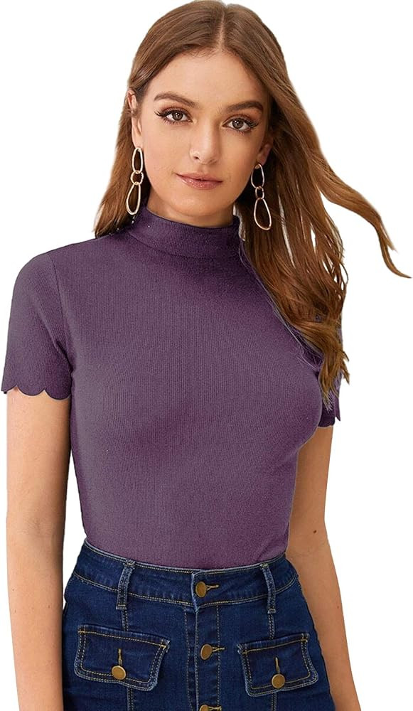 SweatyRocks Women's Mock Neck Ribbed Knit Scallop Short Sleeve T Shirt Tops | Amazon (US)