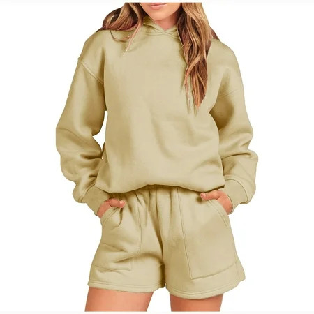 CILENON Shorts And Top Set for Women Women Solid Color 2 Piece Outfits Hoodie Short Set Oversized Sweatshirt Shorts Sweatsuit Pullover Fashion Casual Shorts Set Lounge Set (Khaki XL) | Walmart (US)