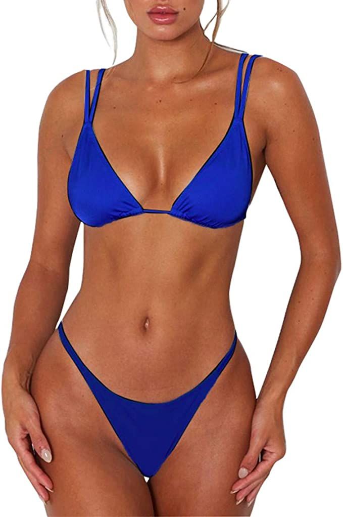 ForBeautyShe Women's Sexy Thong Bottom Two Piece Bikini Double Shoulder Straps Cute Swimsuit Tria... | Amazon (US)