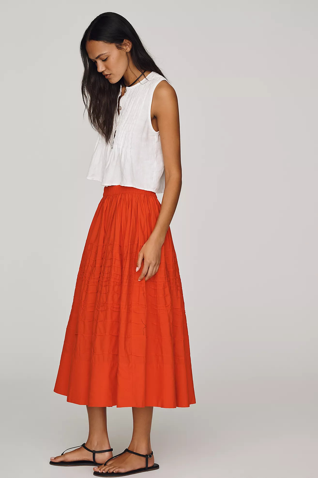 Maeve Cotton Pintuck Midi Skirt | Anthropologie (US)