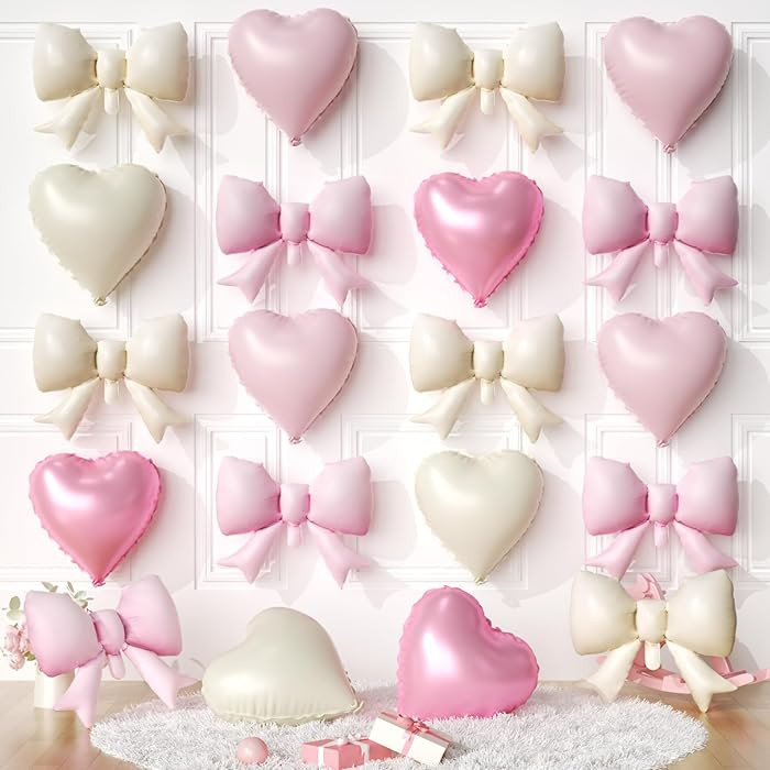 20 PCS Cream Pink Heart Balloons, Pink Bow Balloons, 18 Inch Heart Shaped Balloon 21 Inch Bow Bal... | Amazon (US)