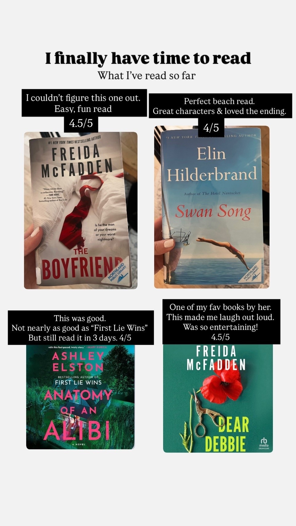 I finally have time to read. What I’ve read so far.

The Boyfriend:  I couldn’t figure this one out. Easy, fun read.  4.5/5

Swan Song: Perfect beach read. 
Great characters & loved the ending.  4/5 

Anatomy of an Alibi:  This was good.
Not nearly as good as “First Lie Wins” But still read it in 3 days. 4/5 

Dear Debbie:  One of my fav books by her. This made me laugh out loud. Was so entertaining!
4.5/5