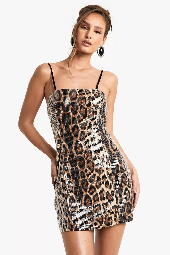 Square Neck Lace Back Leopard Sequin Mini Dress | boohoo (US & Canada)