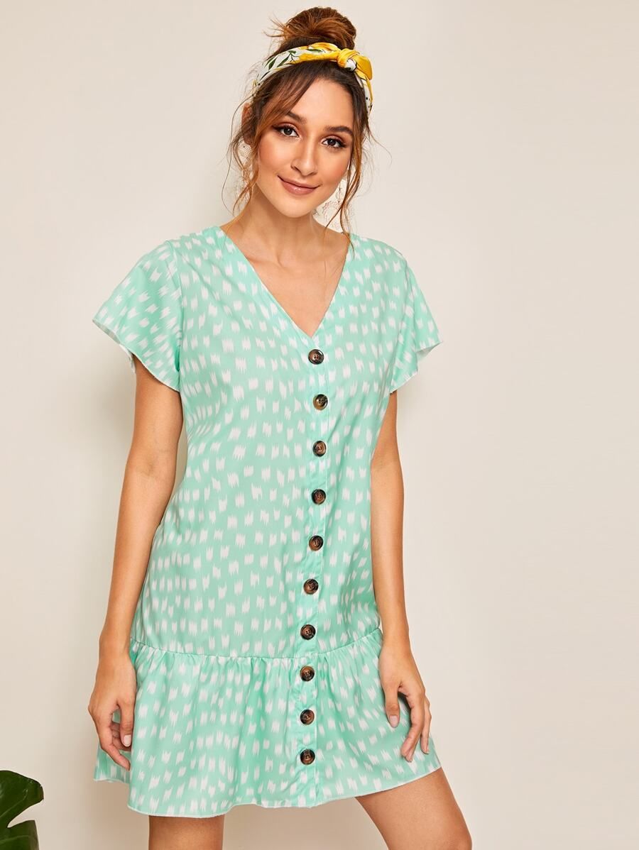 Button Front Brush Print Tea Dress | SHEIN