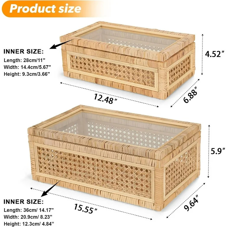 Large Handwoven  Rattan Display Boxes with Glass Lids - Set of 2 Rectangular Decorative Storage B... | Walmart (US)