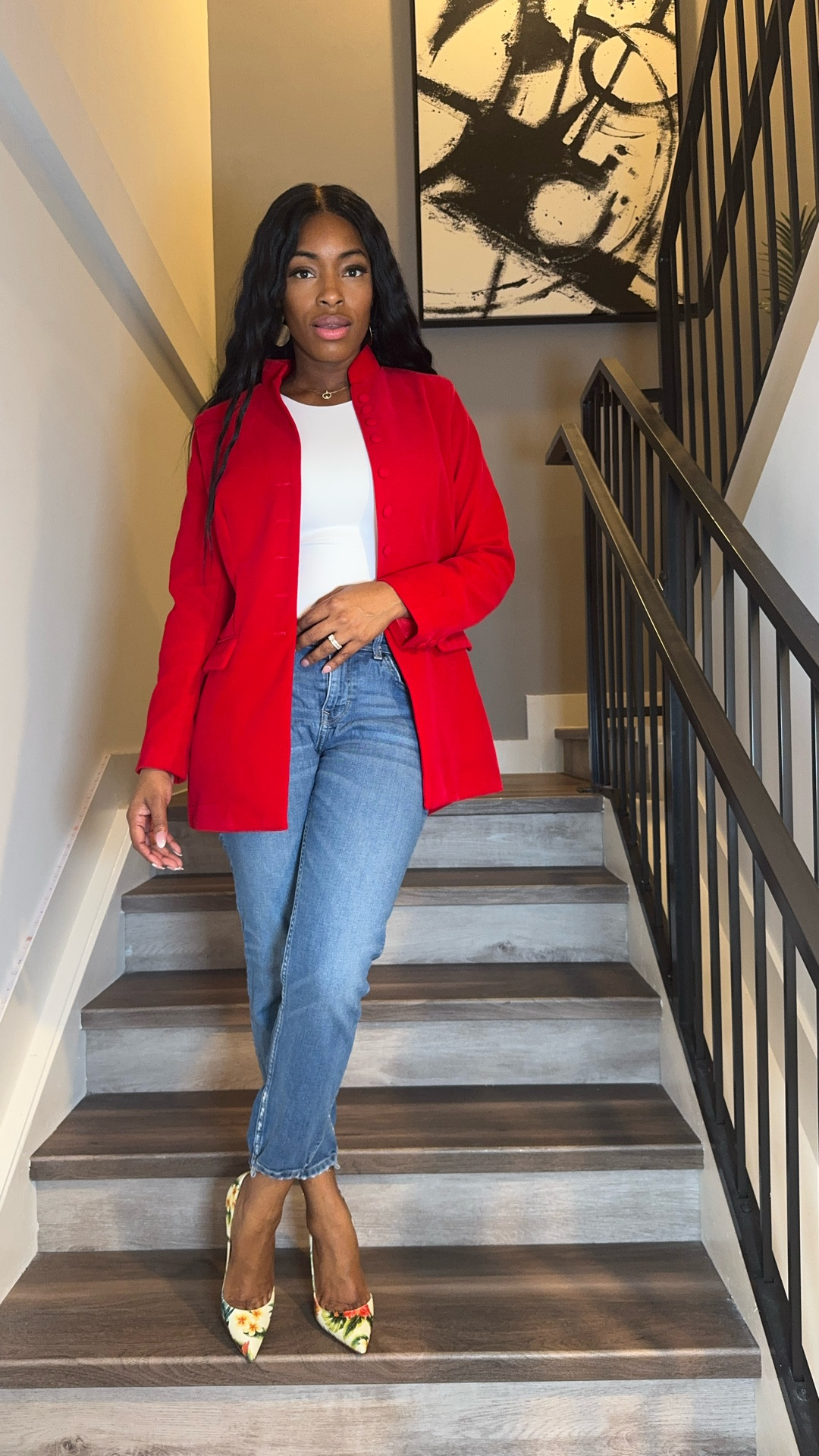 Loragal-Band Collar Button Up Long Sleeve Velvet Blazer Mini Dresses-Red

Size up if you want to wear this as a dress