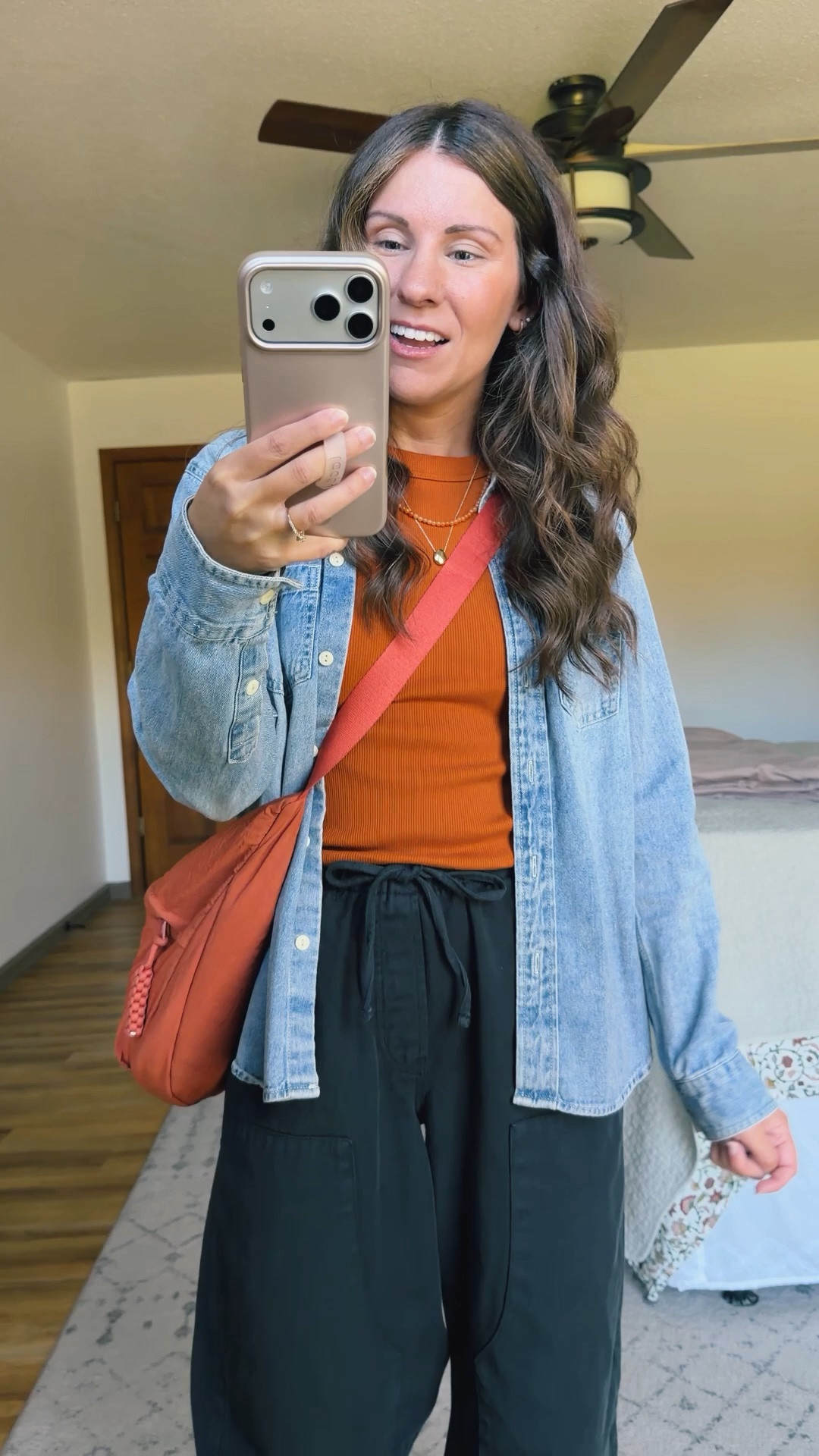 Easy outfit for a Saturday in October🧡🖤

small in my tee, small in my denim button up, xs short/petite in my pants (100% cotton!) and 6 in my croc sandals. My orange beaded necklace is from Sela Designs but I also linked similar!