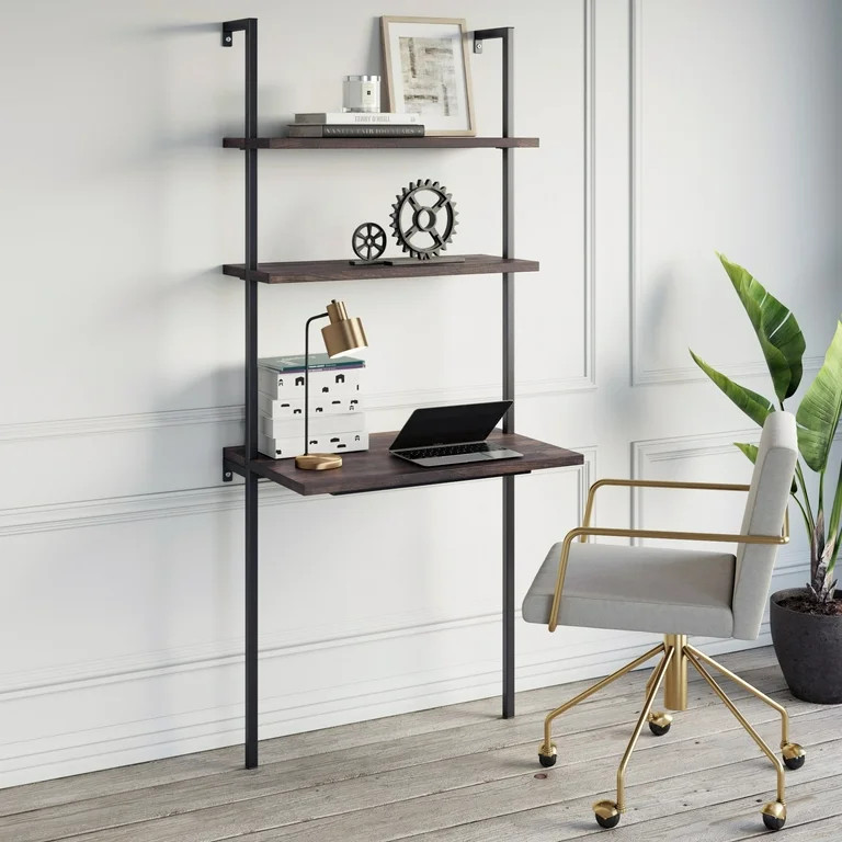 Theo 2-Shelf Industrial Wall Mount Ladder Table, Small Computer Desk, Nutmeg/Matte Black | Walmart (US)