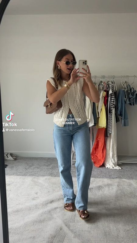6/5/24 Casual jeans outfit for summer 🫶🏼 Summer outfit inspo, summer fashion trends, summer trends, summer outfits, baggy jeans, Birkenstock sandals, chunky jewelry, fashion accessories, fashion trends, trendy summer outfits, sweater top, vest top, vest top outfits 
