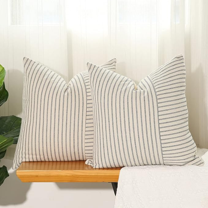 Hckot Black and Beige Patchwork Farmhouse Throw Pillow Covers 22 x 22 Inch, Pack of 2 Striped L... | Amazon (US)