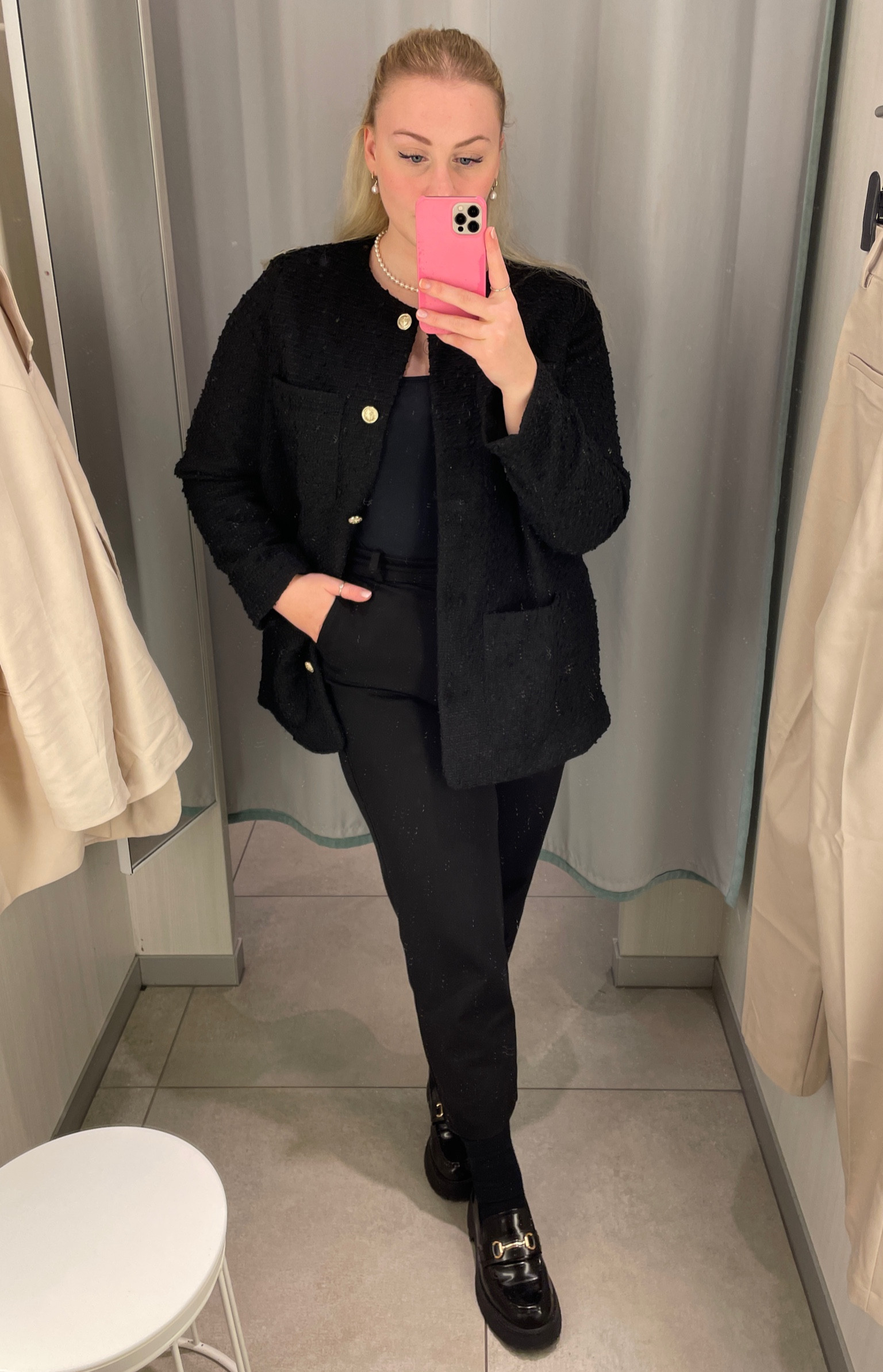 All black outfit from H&M with loafers and bouclé jacket 

#LTKeurope #LTKstyletip #LTKfit