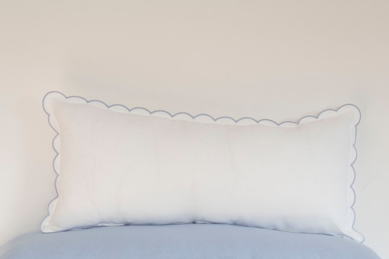 White Lumbar Linen Scalloped Edge in Light Blue Pillow Cover 12x28'' or 12x36'' Size - Etsy | Etsy (US)