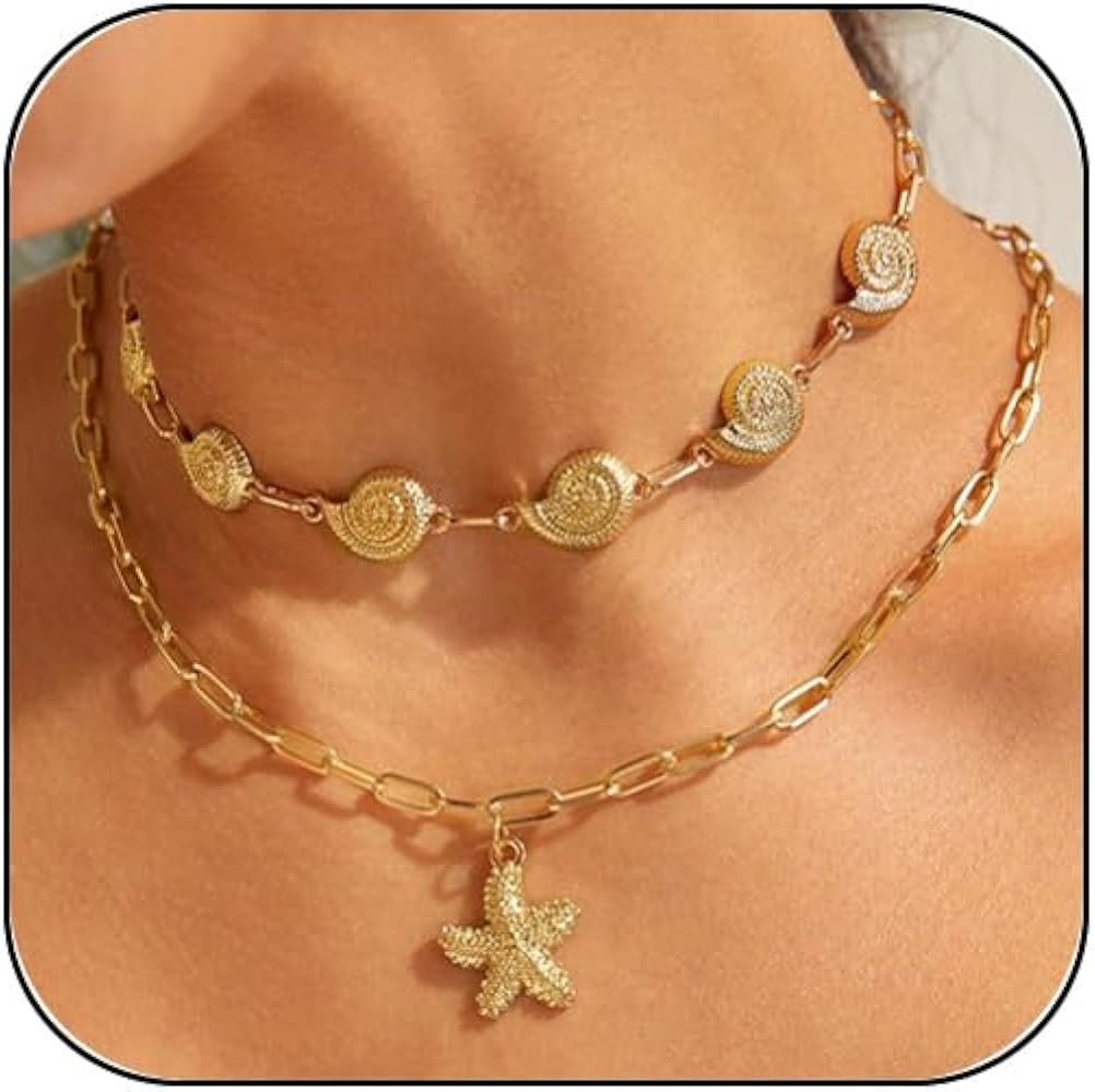Starfish Necklace Gold SeaShell Charm Necklaces Boho Layered Conch Turtles Sea Shell Necklaces Su... | Amazon (US)