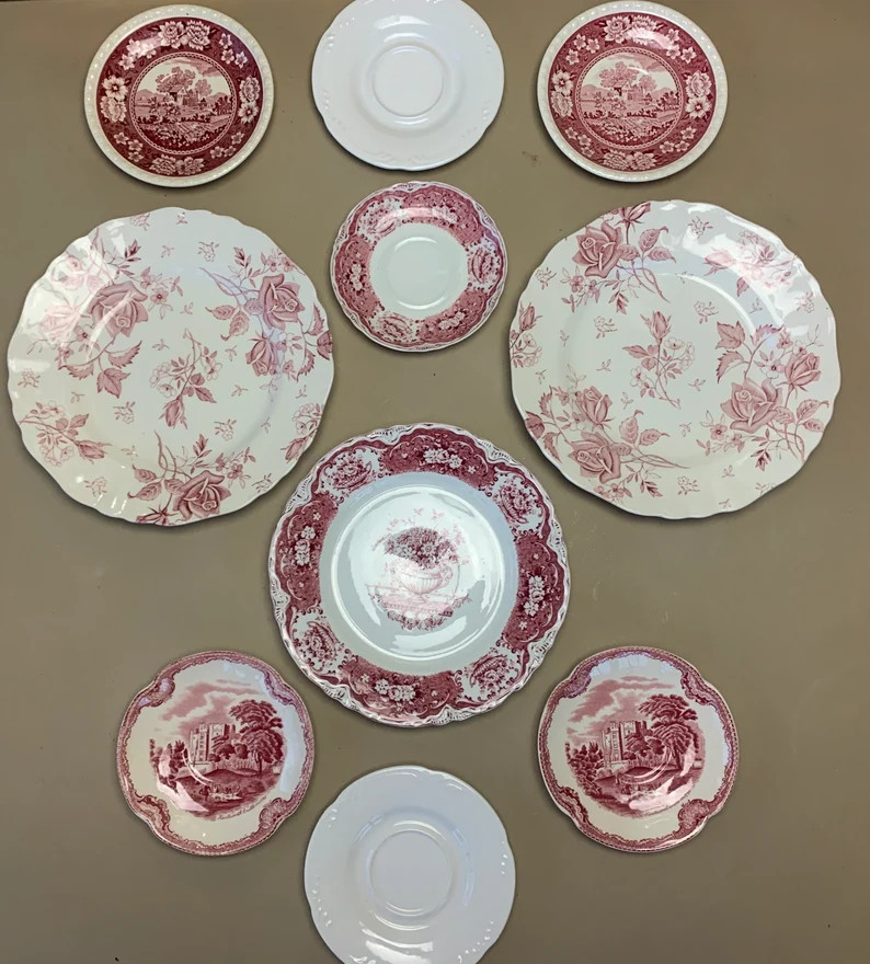 Mismatched Gallery Wall Collection Plates Vintage Collage Display Pink Transferware #115 - Etsy | Etsy (US)