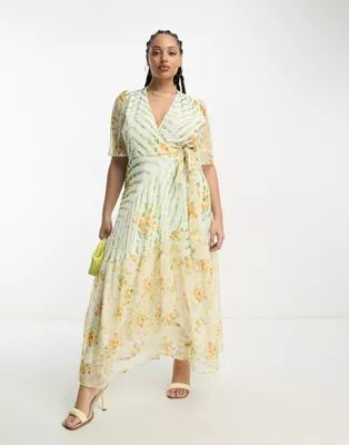 Hope & Ivy Plus flutter sleeve wrap maxi dress in contrast green floral | ASOS (Global)