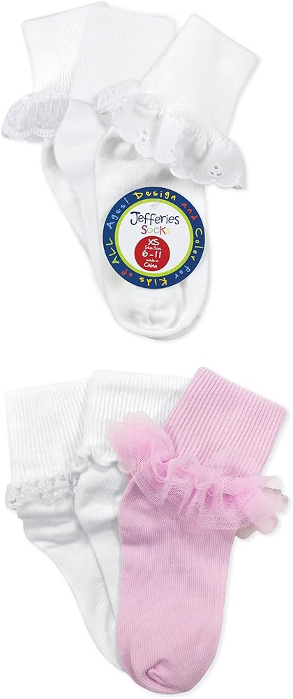 Jefferies Socks Girls Lace Ruffle Princess Tutu School Dress Turn Cuff Socks 6 Pair Pack | Amazon (US)