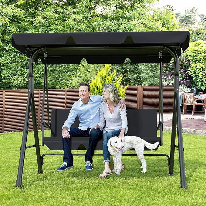 3-Seat Patio Swing Chair,Outdoor Porch Swing with Adjustable Canopy and Durable Steel Frame for P... | Amazon (US)