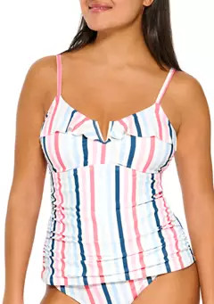 Crown & Ivy™ Striped Ruffle V-Wire Tankini Swim Top | Belk