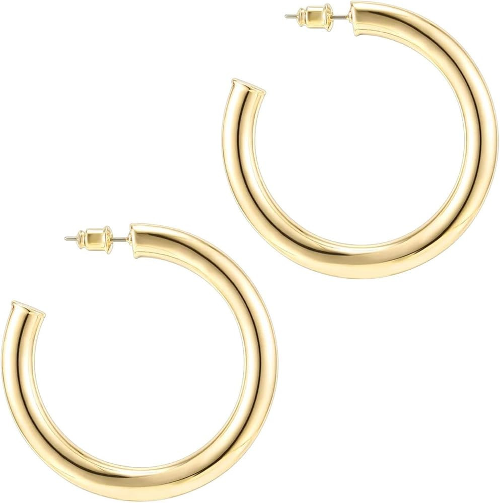 PAVOI 14K Gold Plated Lightweight Chunky Open Hoops for Women | Trendy Gold Hoop Earrings | Amazon (US)