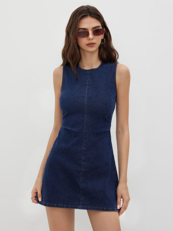 Denim High Stretch Denim Ruched Zipper Mini Dress For Daily Casual | Cider