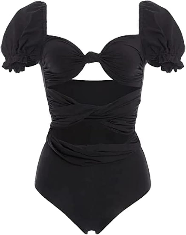 tengweng Women's Puff Sleeve One-Piece Bathing Suit Sexy Criss Cross One-Piece Swimsuit High Wais... | Amazon (US)