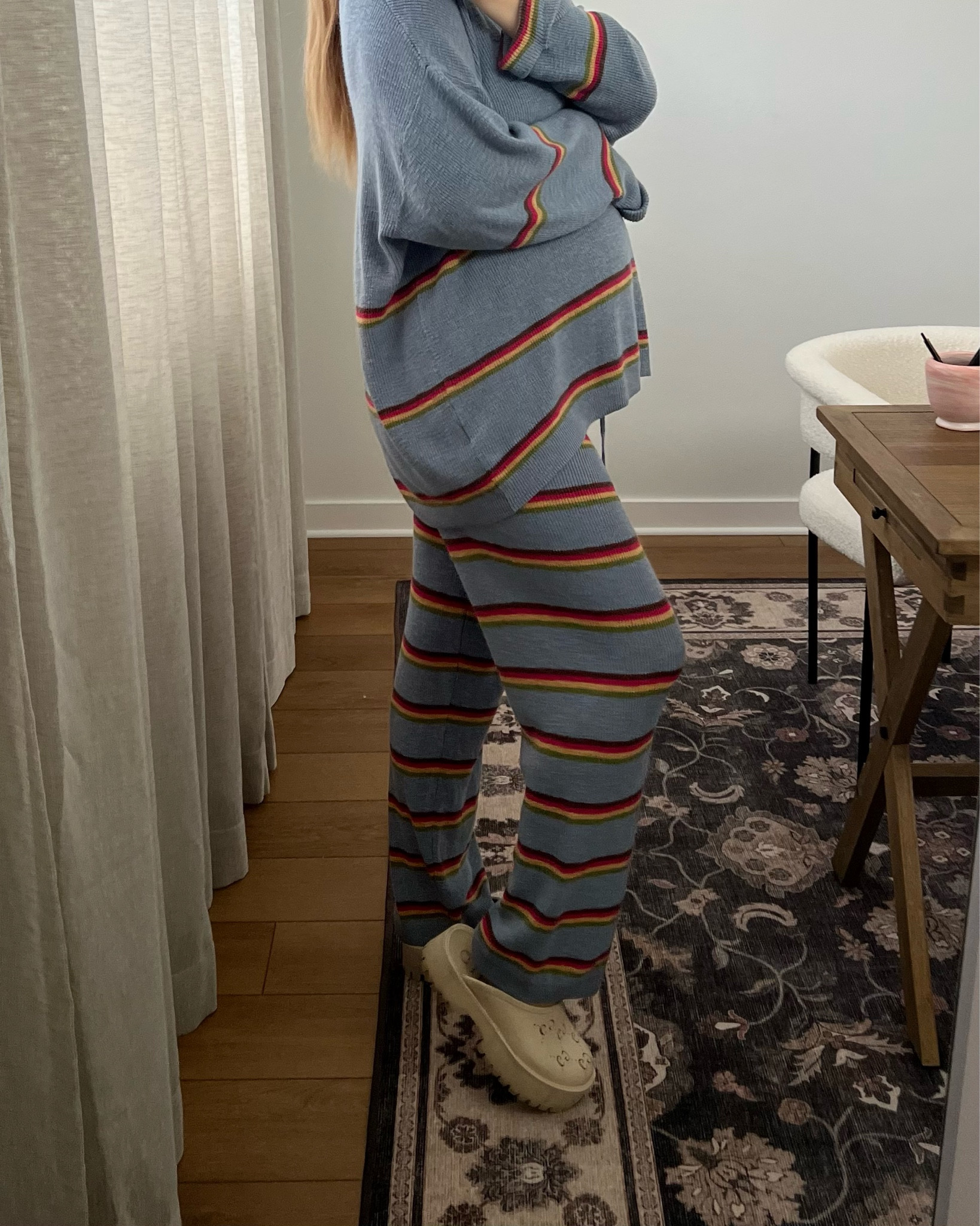 Size M! Loungewear set, Stretchy and soft, washes up well, pants stretch above or below the bump, drawstring, blue with colorful stripes! Clogs are Gucci but linked similar for $60!



#LTKbump #LTKstyletip