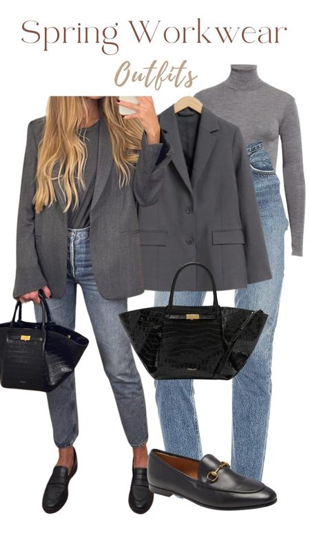 Spring workwear, grey turtle neck, grey blazer, jeans, black loafers, black tote bag, work outfit 

#LTKstyletip #LTKfindsunder50 #LTKworkwear