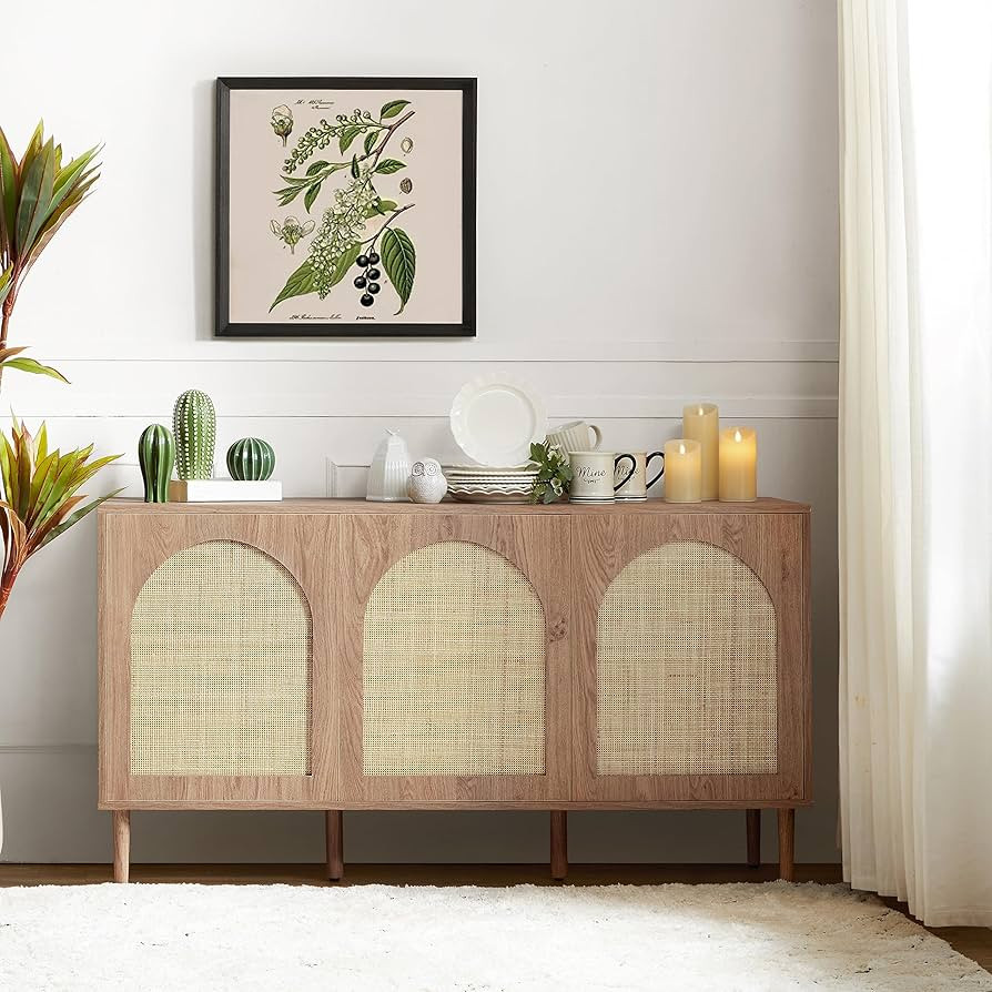 HULALA HOME Farmhouse Sideboard Buffet Cabinet with 3 Rattan Doors and 3 Shelves, Kitchen Storage... | Amazon (US)