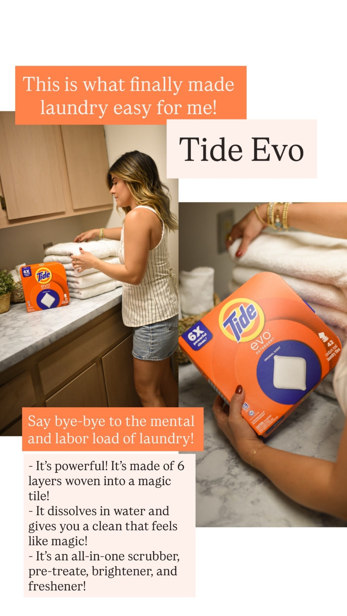 #AD Tide Evo has transformed my laundry experience! It's so easy and practical! Let me introduce you to Tide Evo! A brand new form of detergent! It's an all-in-one tile that has 6 powerful layers that dissolves into cold water! It works like magic leaving your clothes impeccable and so fresh! Grab it on your next @Target  run and let me know what you think! #Target #Targetpartner #Tidepartner #Tide #Tidevo
https://rstyle.me/+KJpd11Zz7FqHB1NKz_j77w @shop.ltk #liketkit

#LTKmomlife #LTKHome