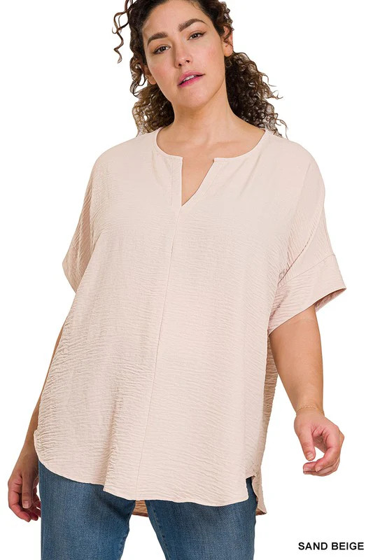 Woven Airflow Split Neck Short Sleeve Top SAND BEIGE | Casual Chic Boutique