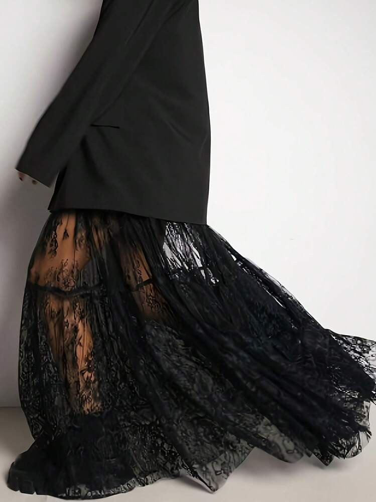 Plus Size Sexy Sheer Hollow Lace Maxi A-Line Skirt, Black, Casual And Loose | SHEIN