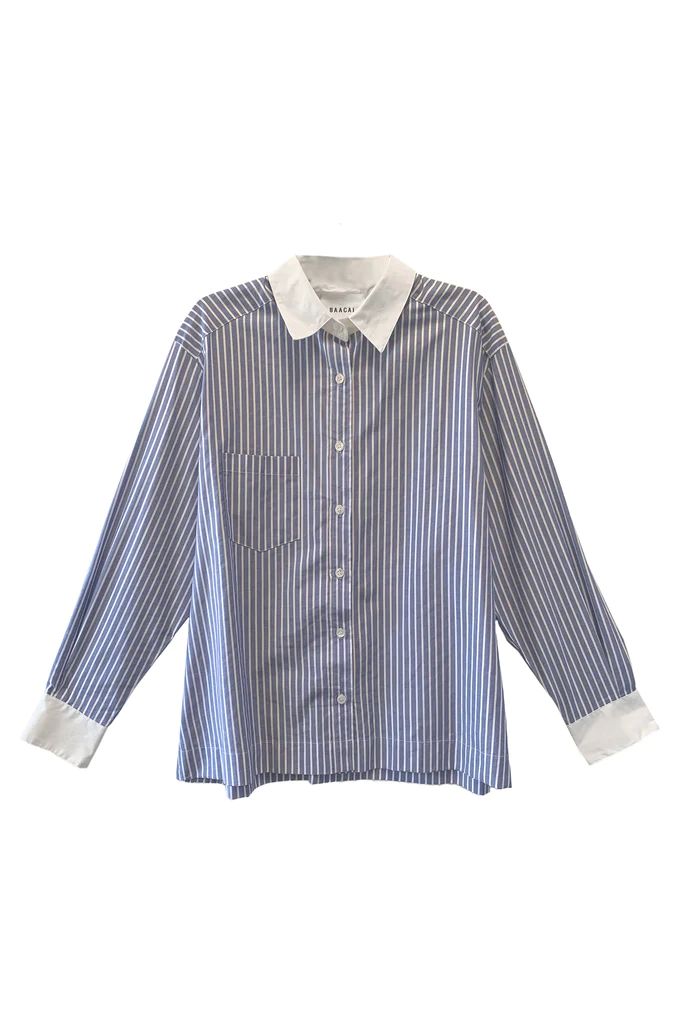 Perfect Oversized Stripe Shirt- French Blue #2 | BAACAL Limited, LLC