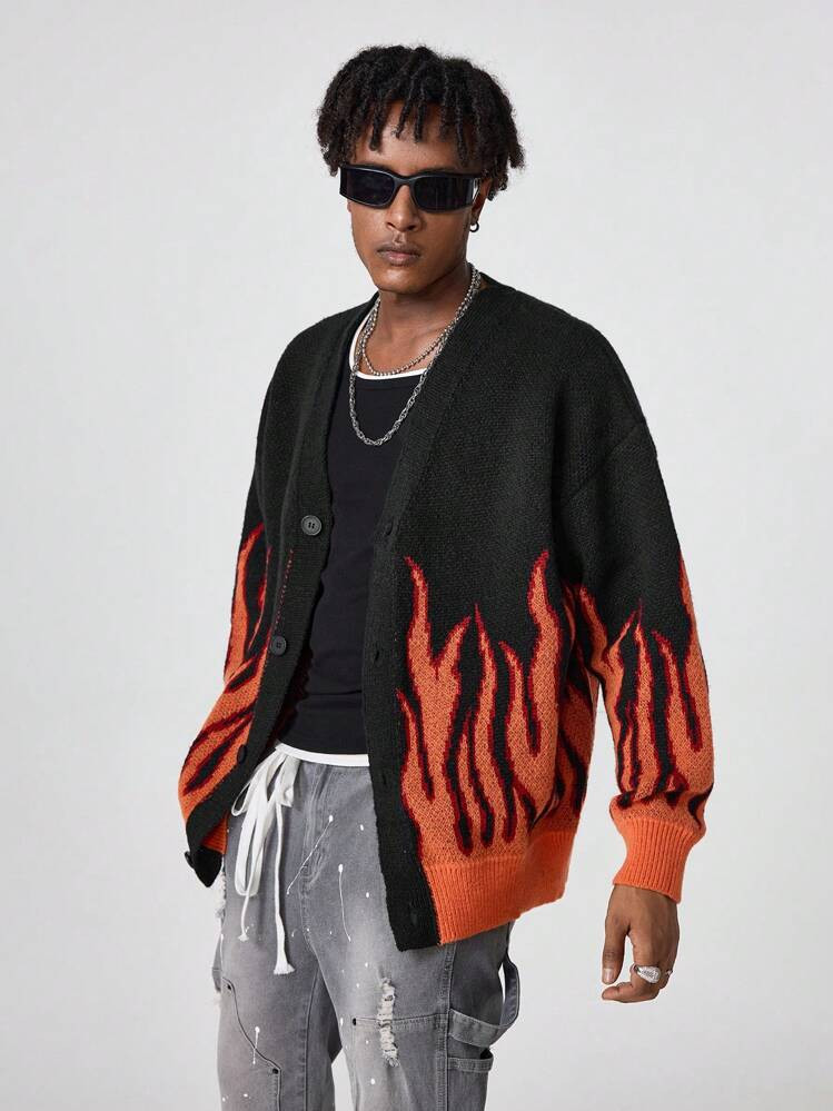 Manfinity StreetEZ Men's Flame Pattern Dropped Shoulder Casual Cardigan, Autumn & Winter | SHEIN