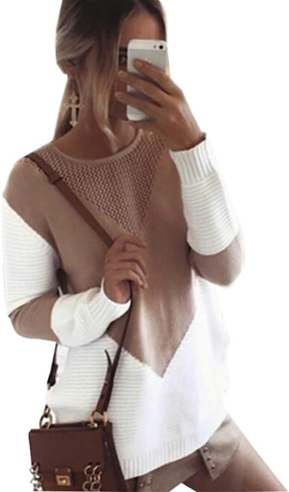 shermie Women Long Sleeve Crew Neck Pullovers Stitching Color Loose Knitted Sweaters | Amazon (US)