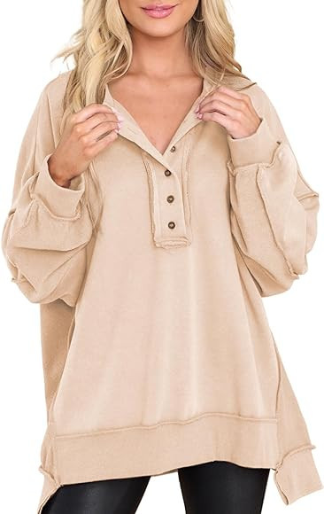 AlvaQ Womens Women's Oversized Sweatshirt Casual Long Sleeve Button Henley Neck Pullover Tunic To... | Amazon (US)