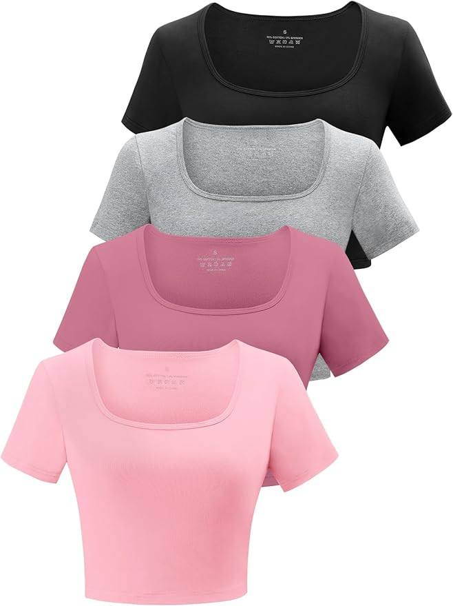 Square Neck Crop Tops for Women Workout Tops Trendy Going Out Tops Gym Summer Shirts 4 Pack | Amazon (US)