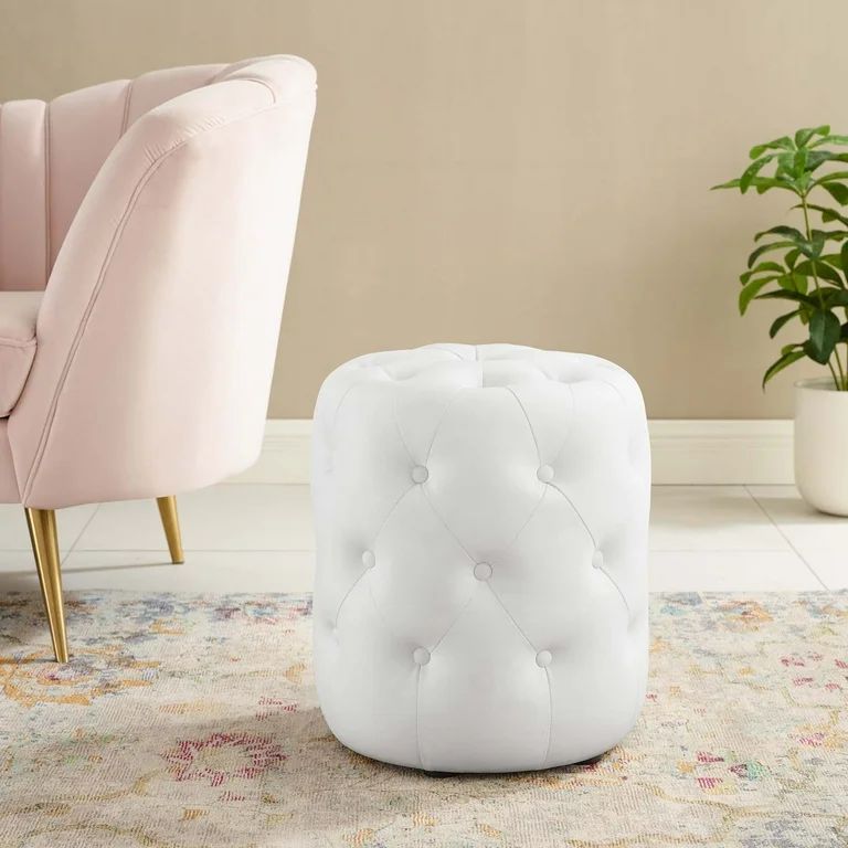 Modway Amour Tufted Button Round Faux Leather Ottoman in White | Walmart (US)