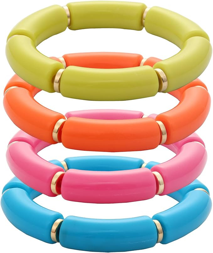MythDone Chunky Bamboo Tube Bracelets Colorful Curved Resin Stretch Bracelet Gold Stacking Bangle... | Amazon (US)