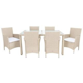 SAFAVIEH Jolin Beige 7-Piece Wicker Outdoor Dining Set with White Cushions PAT7706B-3BX - The Hom... | The Home Depot