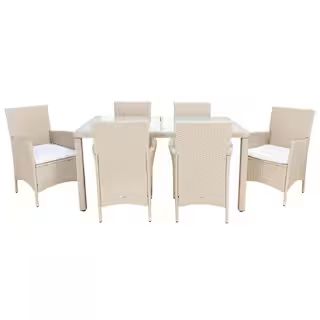 SAFAVIEH Jolin Beige 7-Piece Wicker Outdoor Dining Set with White Cushions PAT7706B-3BX - The Hom... | The Home Depot