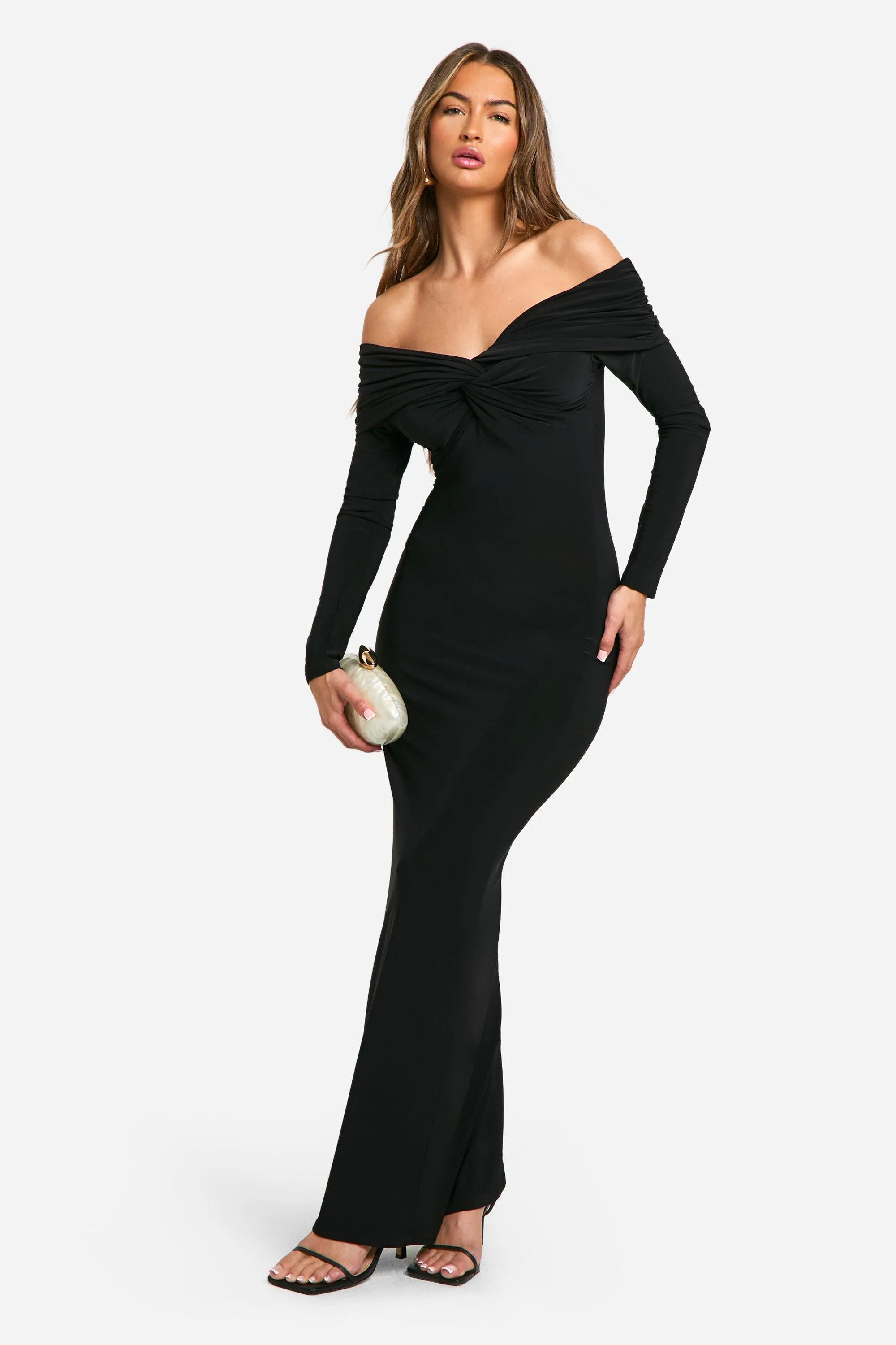 Ruched Twist Detail Bardot Maxi Dress | Boohoo.com (UK & IE)