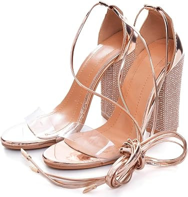 Hee grand Women's Rhinestone Heels Gladiator Ankle Strappy High Heel Sandals Open Toe Chunky Dres... | Amazon (US)