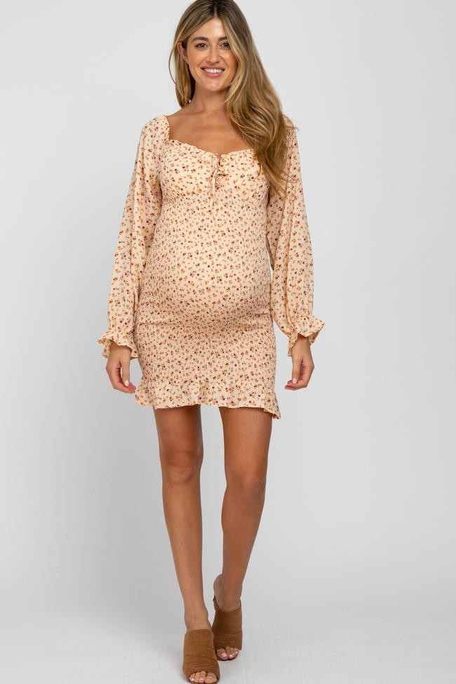 Cream Floral Long Sleeve Smocked Maternity Mini Dress | PinkBlush Maternity