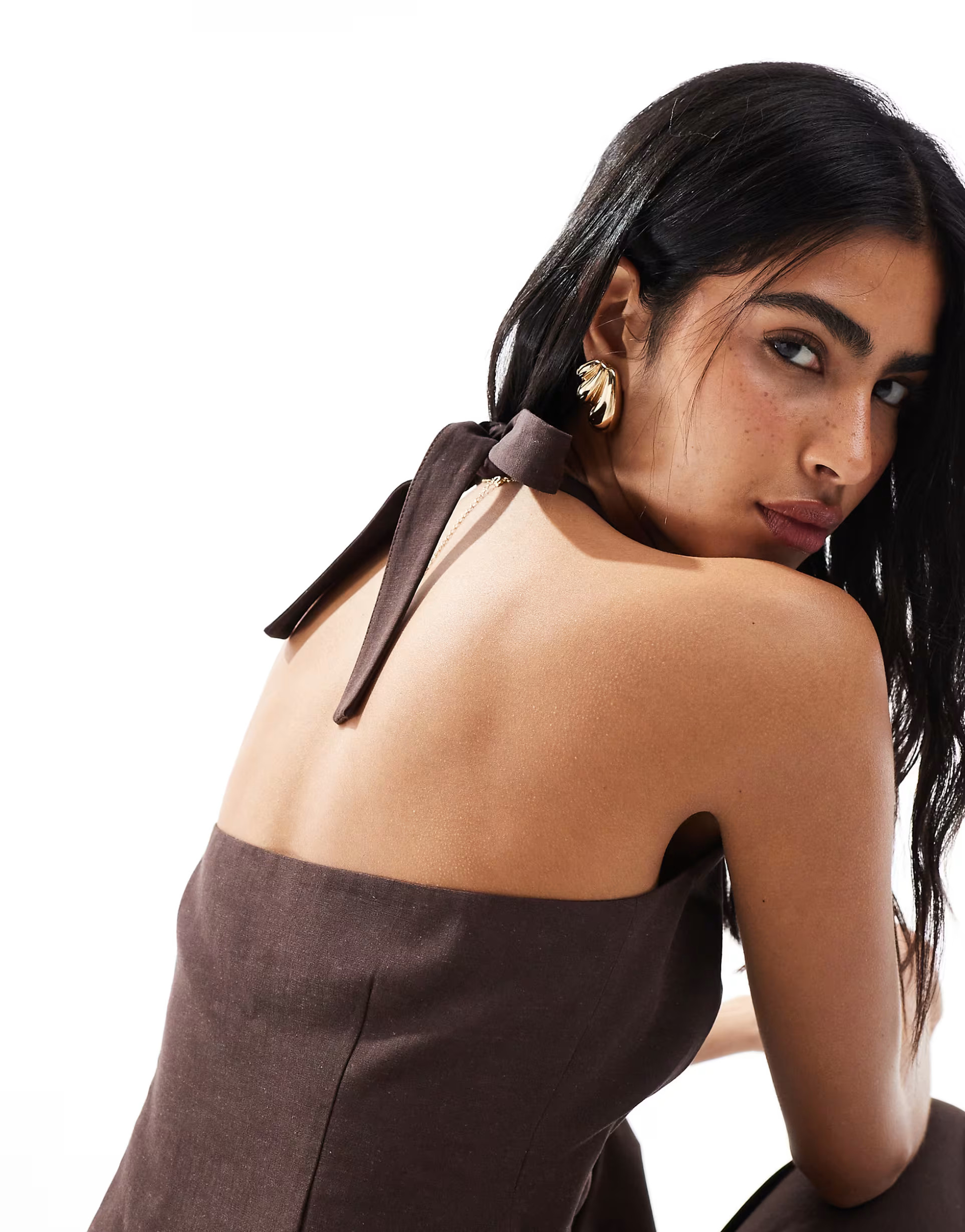 ASOS DESIGN linen blend tailored halter top in chocolate | ASOS | ASOS (Global)