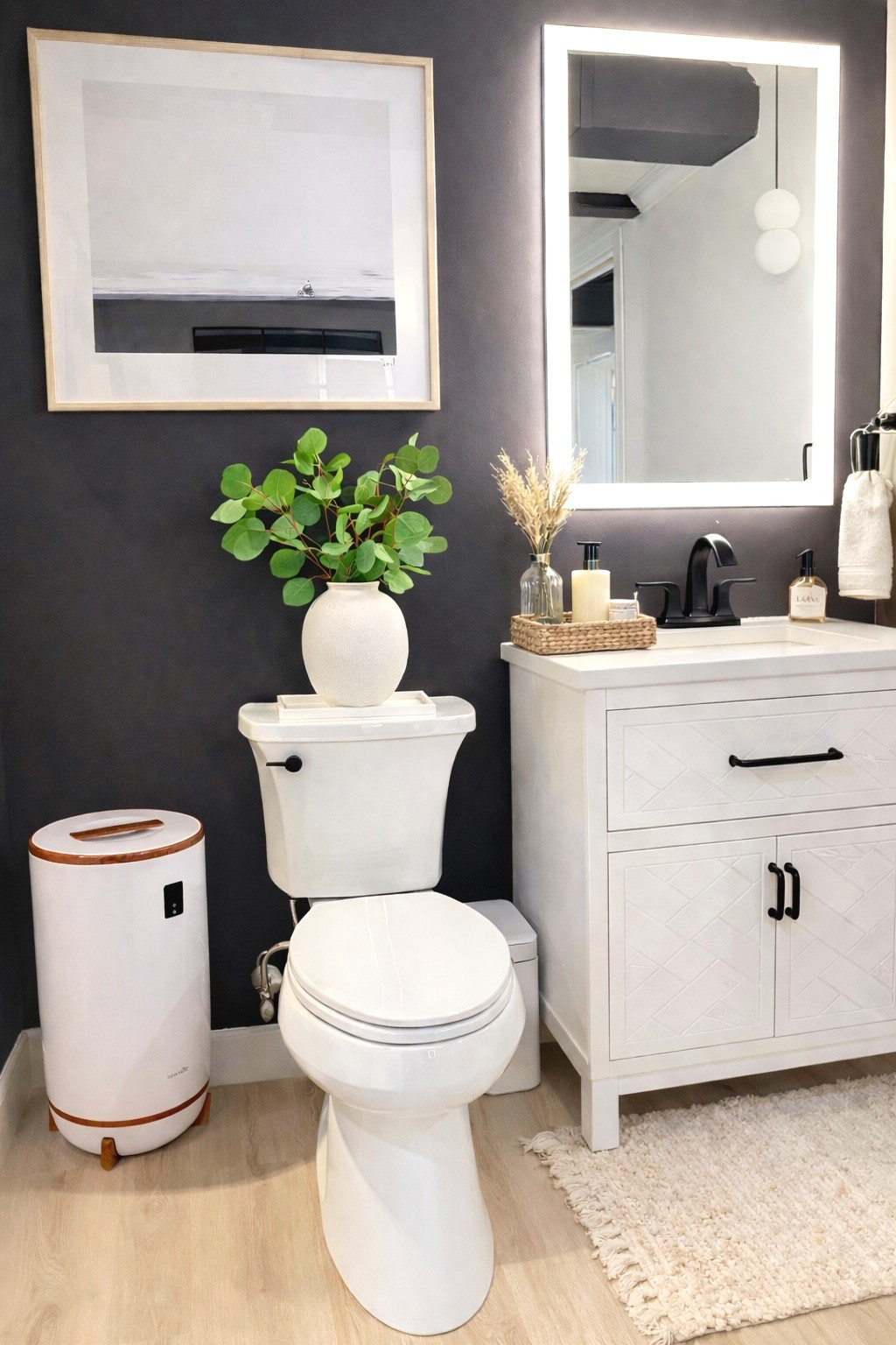 Tiny basement bathroom glow up 🖤

Moody walls, bright whites, matte black fixtures, and a few cozy touches to make it feel elevated not forgotten. The little spaces deserve love too ✨

#LTKHome #LTKdayinmylife #LTKmomlife