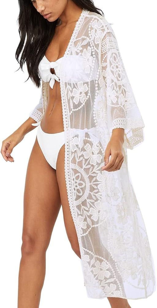 Bsubseach Kimonos for Women Sexy Swimsuit Cover Ups Open Front Lace Beach Robe | Amazon (US)
