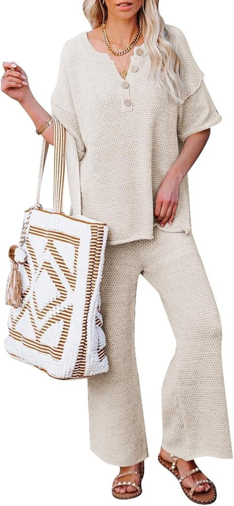 Pink Queen Women's 2 Piece Outfits Short Sleeve Button Knit Pullover Sweater Top Wide Leg Pants S... | Amazon (US)