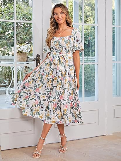 Amegoya Women's Boho Flowy Long Sleeve Square Neck Floral Midi Dress Smocked Spring Fall Wedding ... | Amazon (US)